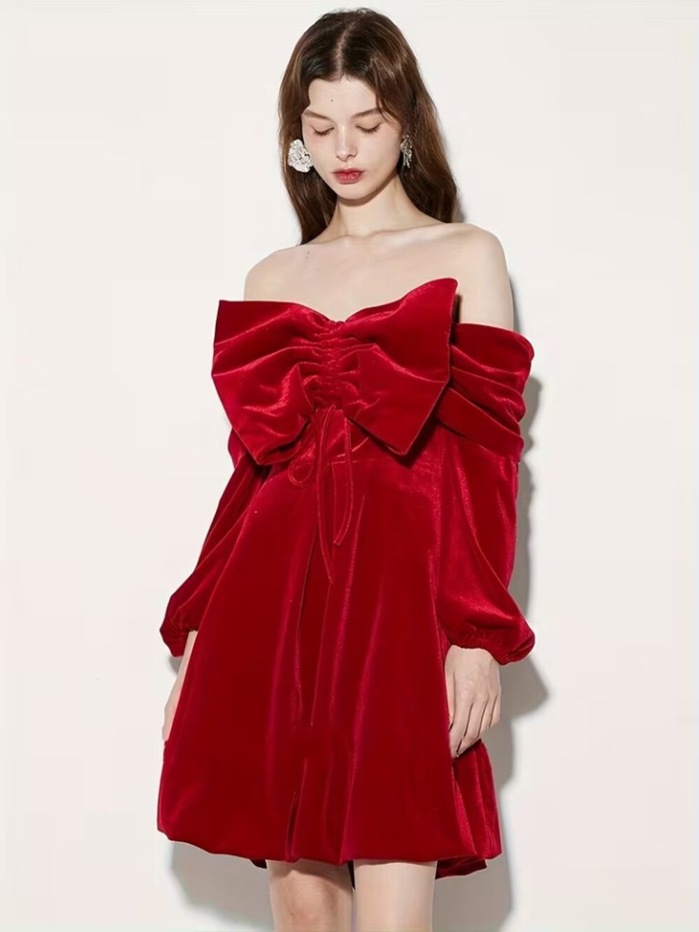 Off-Shoulder Red Velvety Bow Dress TEMPORARILY UNAVAILABLE DO NOT PURCHASE - Picture 2 of 5